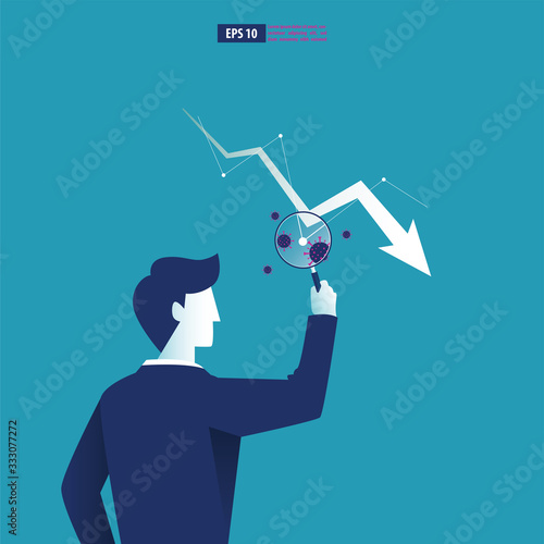 Economic downturn caused by a Coronavirus pandemic or COVID-19 concept. Businessman faces an economic crisis which is marked by arrow symbol. Vector illustration