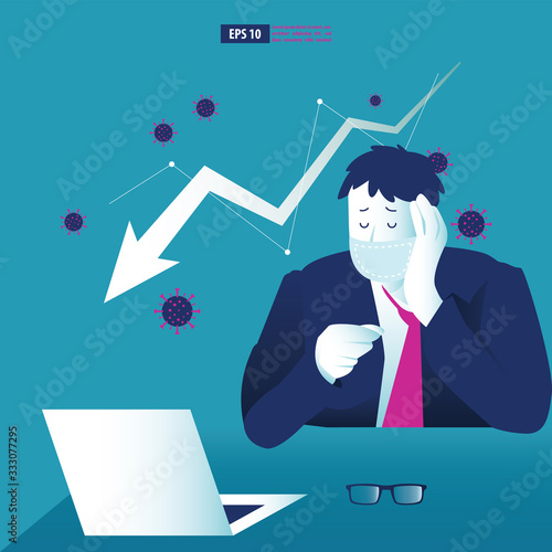 Economic downturn caused by a Coronavirus pandemic or COVID-19 concept. Businessman faces an economic crisis which is marked by arrow symbol. Vector illustration
