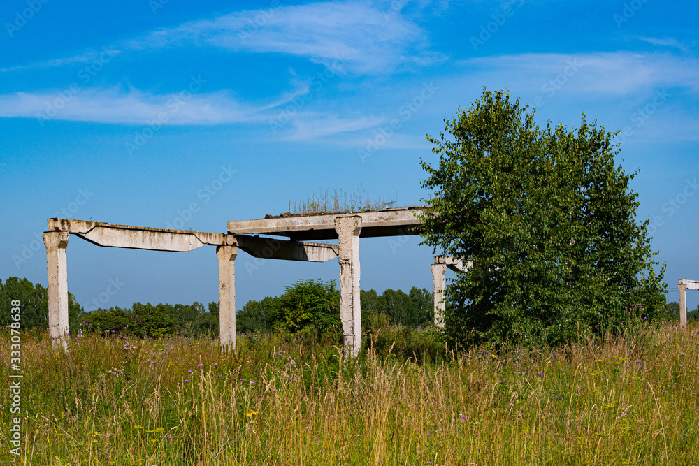 concrete structures of abandoned destroyed building in field, atmosphere of postapocalypse, absence of person