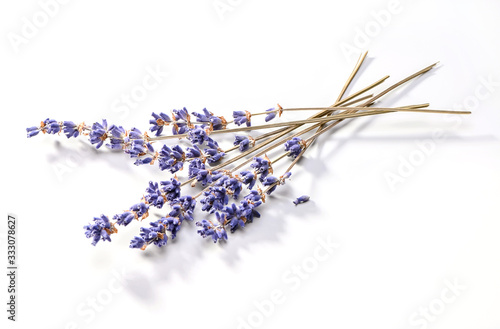 dried lavender flowers bunch  close-up on white background 
