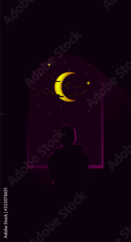 The man looking outside of windows at night vector illustration