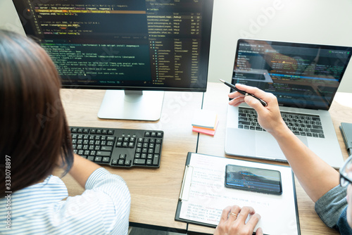 Принти на полотні Team of programmers working together development Website design and coding techn