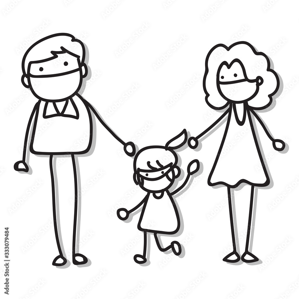 hand drawing cartoon character people in family wear mask protection from Covid-19 hand drawing cartoon character people in family wear mask protection from Covid-19