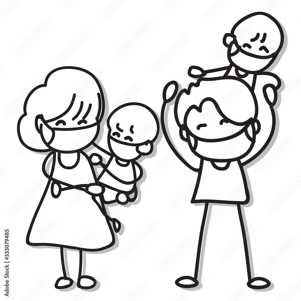 hand drawing cartoon character people in family wear mask protection from Covid-19 hand drawing cartoon character people in family wear mask protection from Covid-19