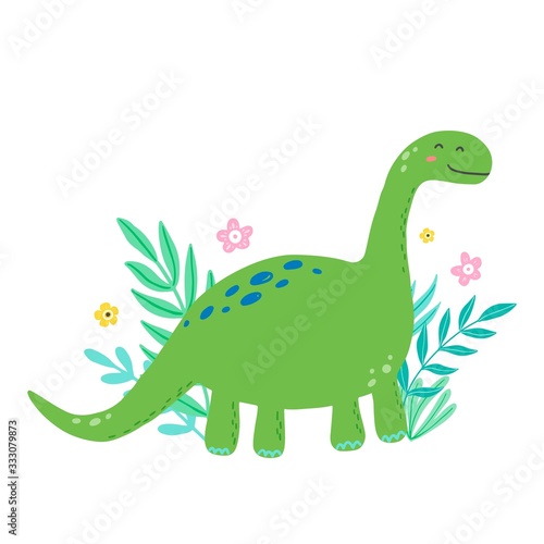Cute dinosaur for kids  baby t-shirt  greeting card design. Funny little dino of hand drawn style. Vector illustration of dinosaur isolated on background.