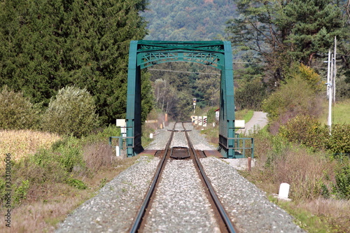 Small dark green metal railway bridge construction rising above railway tracks and gravel foundation surrounded with dense forest vegetation and trees in background