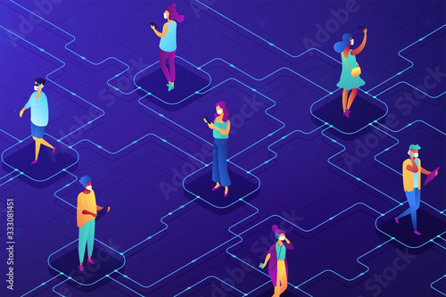 Social distancing and self isolation during covid-2019 pandemic. Global qarantine, personal health protection measures, online social contacts, community responsibility. Vector 3d illustration.