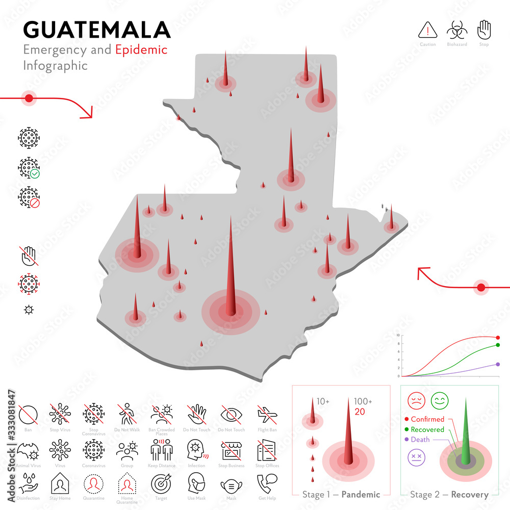 Map of Guatemala Epidemic and Quarantine Emergency Infographic Template. Editable Line icons for Pandemic Statistics. Vector illustration of Virus, Coronavirus, Epidemiology protection. Isolated Map of Guatemala Epidemic and Quarantine Emergency Infographic Template. Editable Line icons for Pandemic Statistics. Vector illustration of Virus, Coronavirus, Epidemiology protection. Isolated