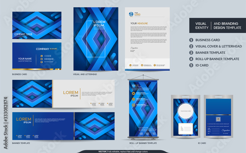 Modern dynamic colorful blue stationery mock up and visual brand identity set.