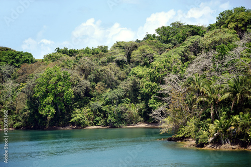 Green landscape of Panama Canal, view from the transiting cargo ship. © Mariusz