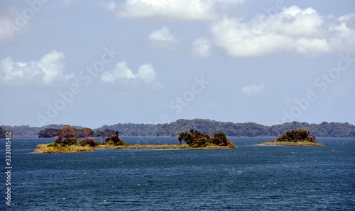 Green landscape of Panama Canal, view from the transiting cargo ship. © Mariusz