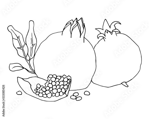 Outline vector Illustration with the image of two pomegranates and a pomegranate slice .