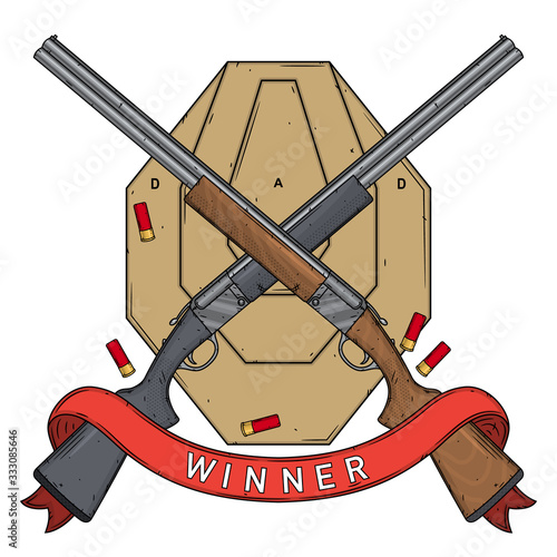 Two crossed shotguns with target, ammo and red ribbon, vector illustration isolated on white background. Hunting gun.