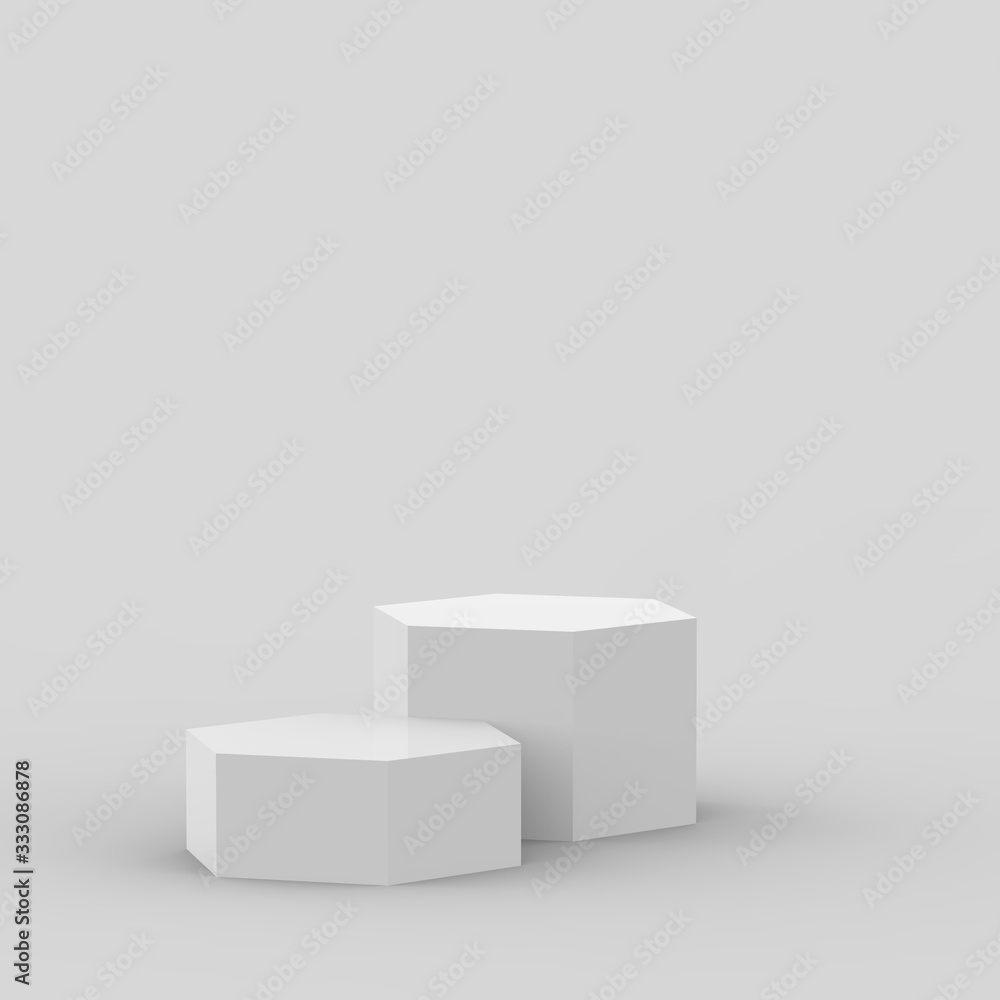 3d white gray hexagon podium minimal studio background. Abstract 3d geometric shape object illustration render. Display for cosmetics and beauty fashion product. 3d white gray hexagon podium minimal studio background. Abstract 3d geometric shape object illustration render. Display for cosmetics and beauty fashion product.