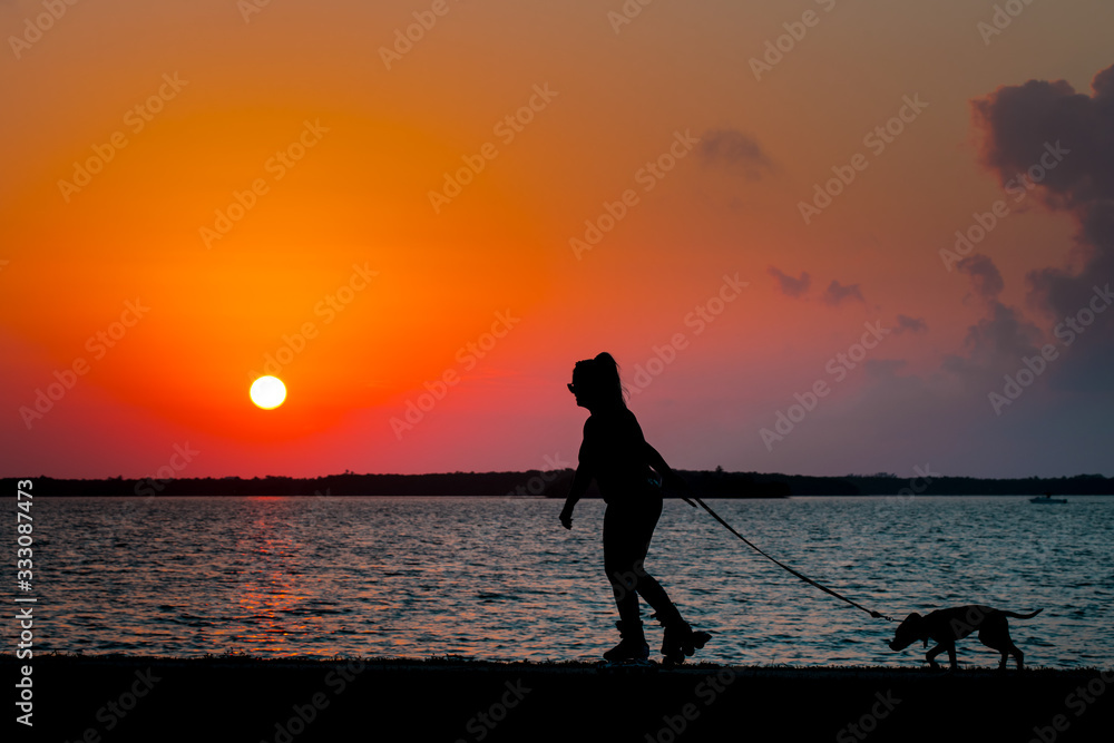 Silhouette of a woman on roller-skates. Girl walks with a dog. Cute little puppy. Beautiful ocean sunset on background.