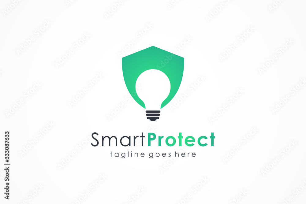 Protection Logo. Green Shield with Negative Space Light Bulb inside. Flat Vector Logo Design Template Element. Protection Logo. Green Shield with Negative Space Light Bulb inside. Flat Vector Logo Design Template Element.