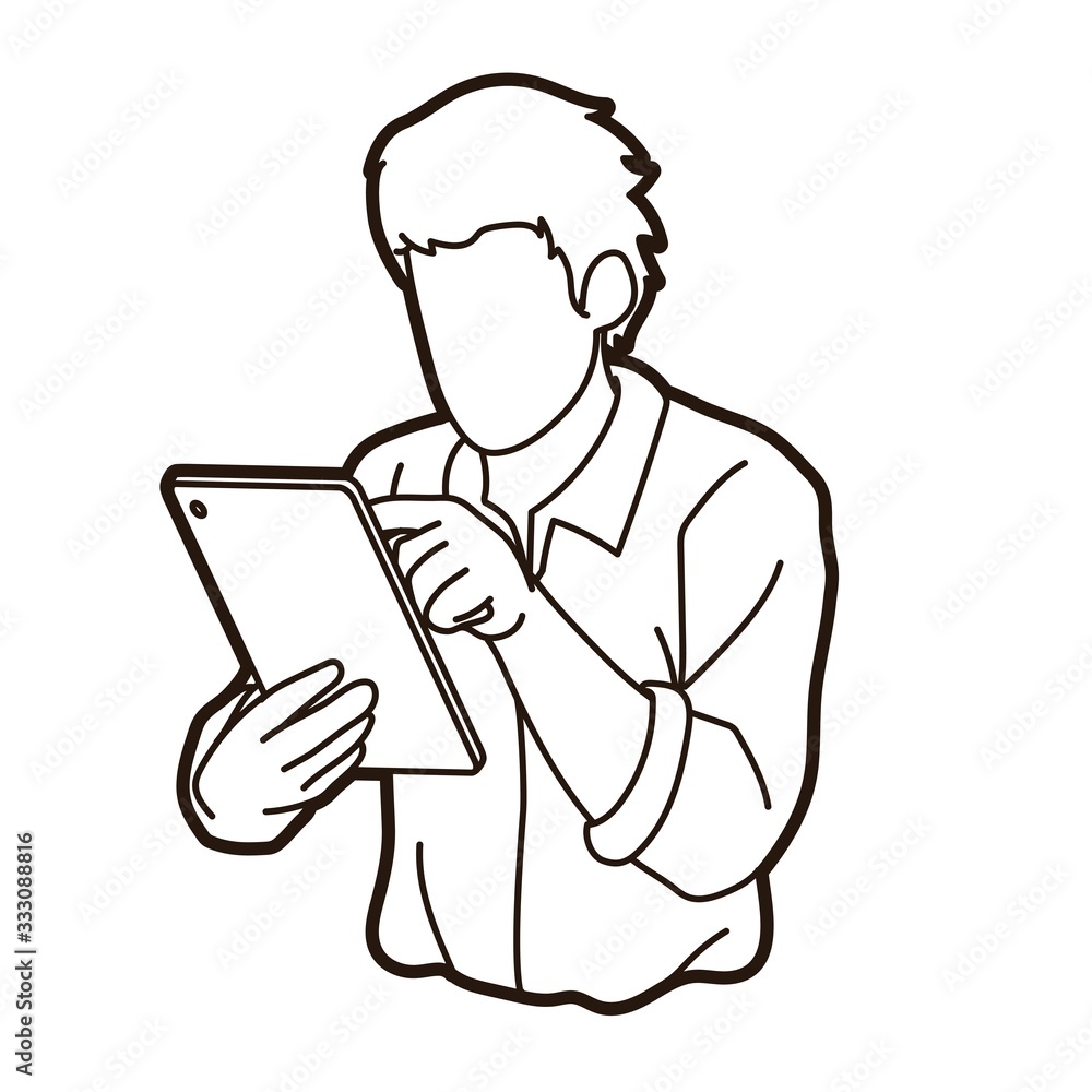 Man using digital tablet cartoon graphic vector