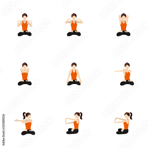 Arms and shoulders stretching asanas set in lotus pose/ Illustration stylized woman practicing exercises for hands in padmasana