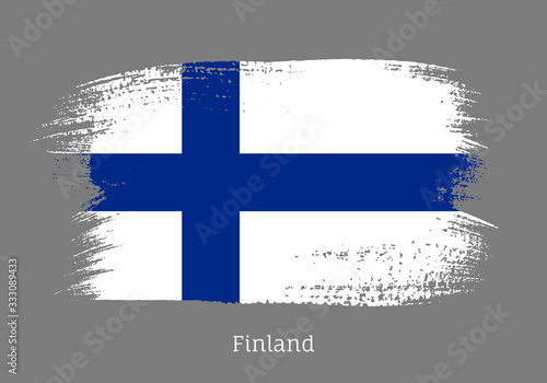 Finland republic official flag in shape of paintbrush stroke. Finnish national identity symbol. Grunge brush blot isolated on grey background vector illustration. Finland country patriotic stamp.