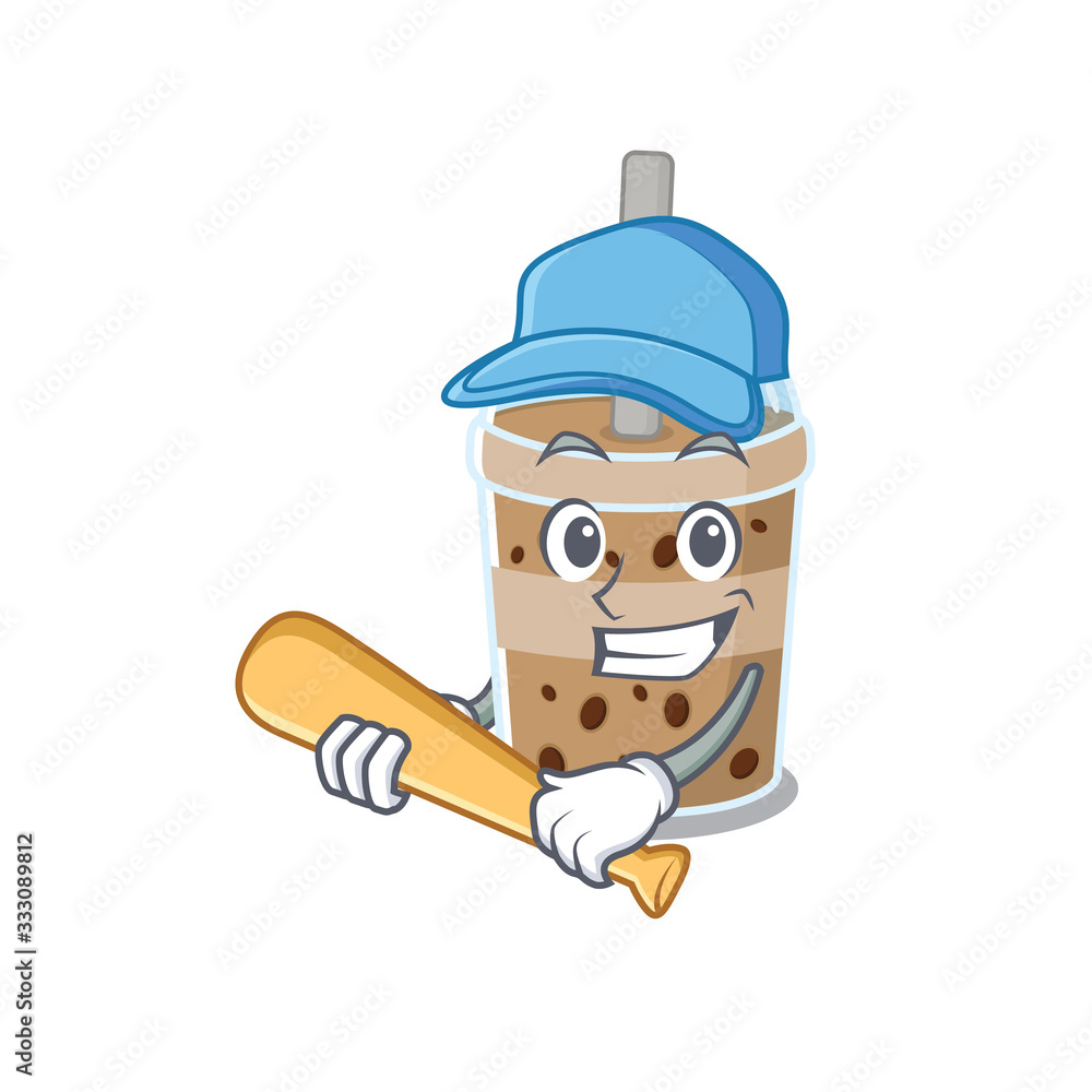 Mascot design style of chocolate bubble teawith baseball stick