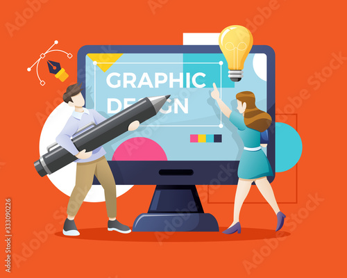 Designers or illustrators working together on giant computer display