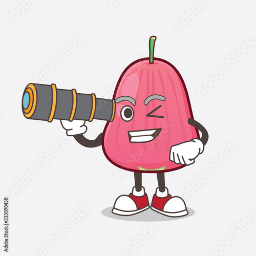 Java Apple cartoon mascot character using a monocular