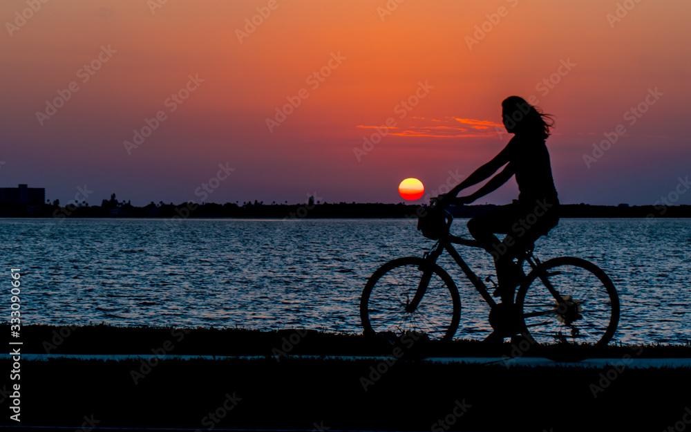 Fototapeta premium Silhouette of a woman on a bicycle. A girl ride on the bicycle. Beautiful ocean sunset. Sport and recreation. Copy space.