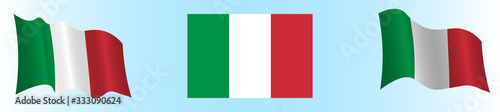Flag of the Italian Republic in a static position and in motion, developing in the wind, on a white background