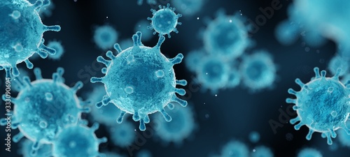 corona virus 2019-ncov flu outbreak, covid-19 3d banner illustration, microscopic view of floating influenza virus cells photo