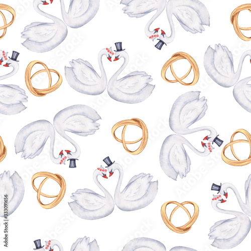 Swans in love 5. Seamless pattern. Watercolor illustration. Suitable for wedding decoration photo