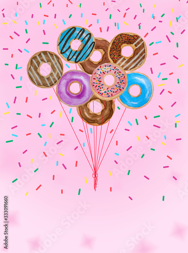 Watercolor hand painting illustration of colorful donuts balloon for celebration card, doughnut set with colorful sugar chocolate candy topping on pink background and copy space, vertical image