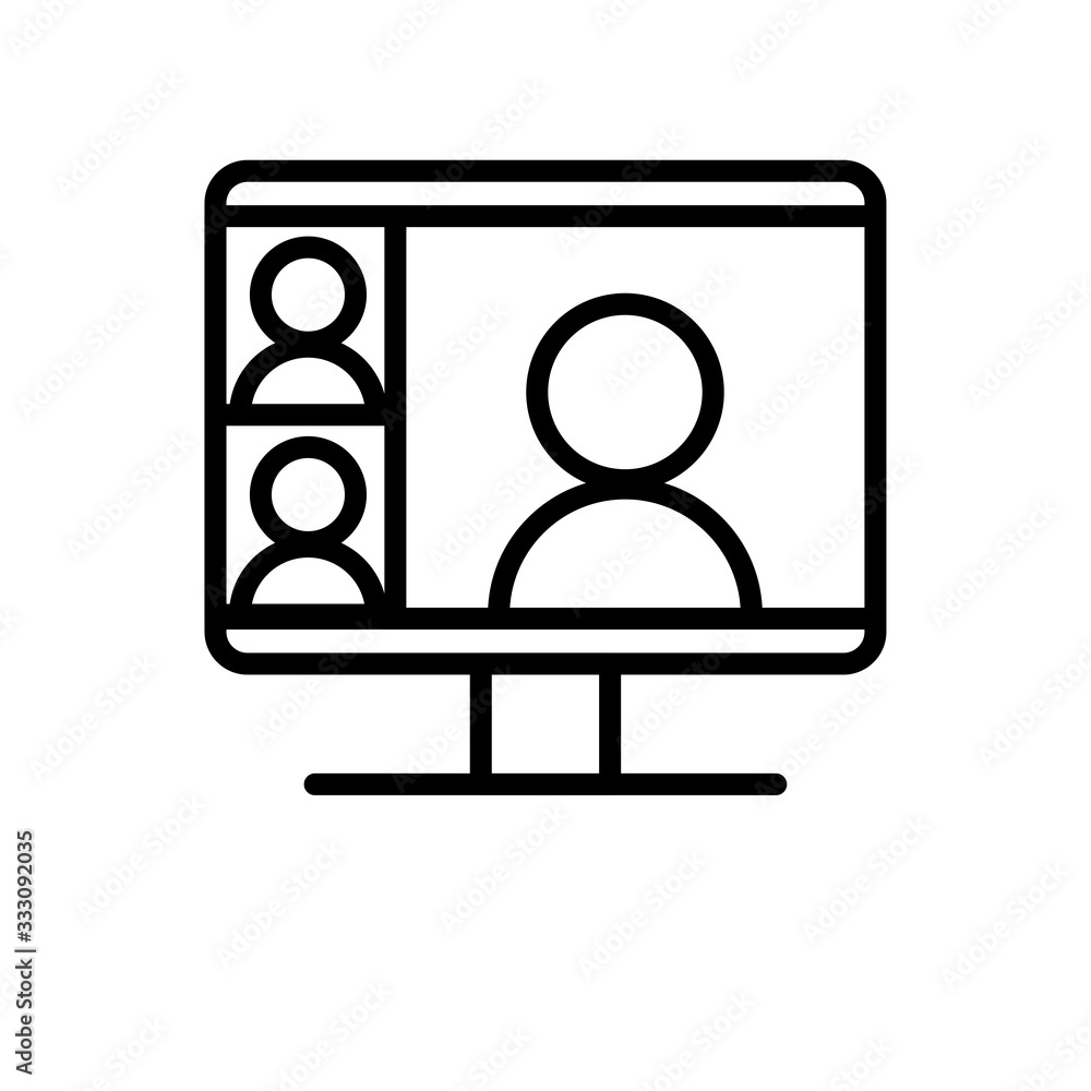 Video conference icon. People on computer screen. Home office in quarantine times. Digital communication. Internet teaching media. Video conference icon. People on computer screen. Home office in quarantine times. Digital communication. Internet teaching media.