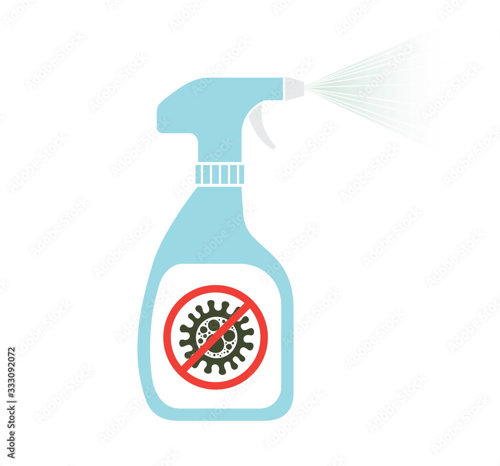 Antibacterial spray for covid-19 coronavirus. Bottle of disinfectant killing virus cells. - obrazy, fototapety, plakaty 