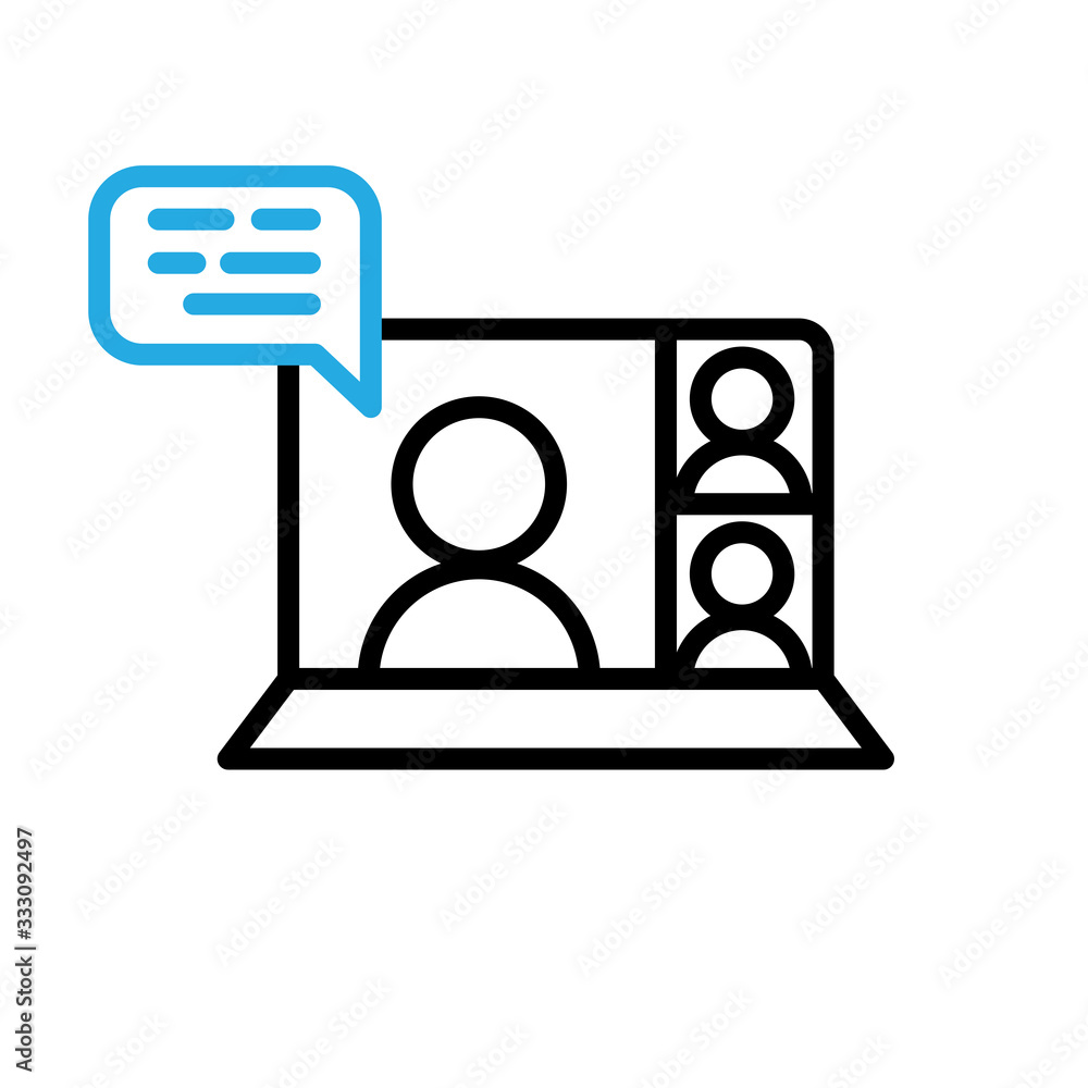 Video conference icon. People on computer screen. Home office in quarantine times. Digital communication. Internet teaching media. Video conference icon. People on computer screen. Home office in quarantine times. Digital communication. Internet teaching media.
