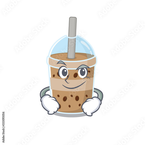 Funny chocolate bubble tea mascot character showing confident gesture
