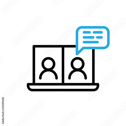 Video conference icon. People on computer screen. Home office in quarantine times. Digital communication. Internet teaching media.