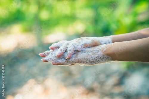  Cleaning hands with soap, anti-virus