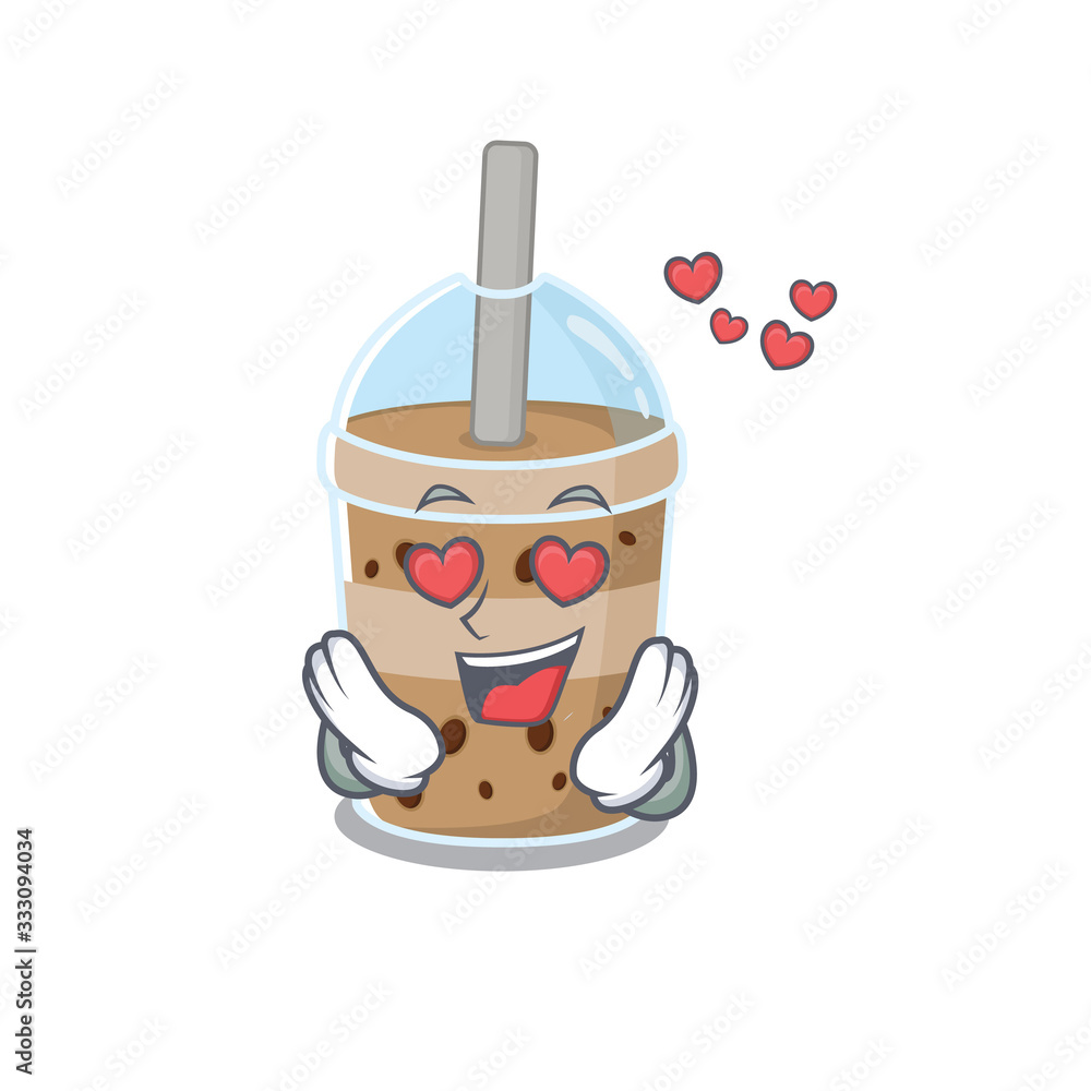 cute chocolate bubble tea cartoon character showing a falling in love face