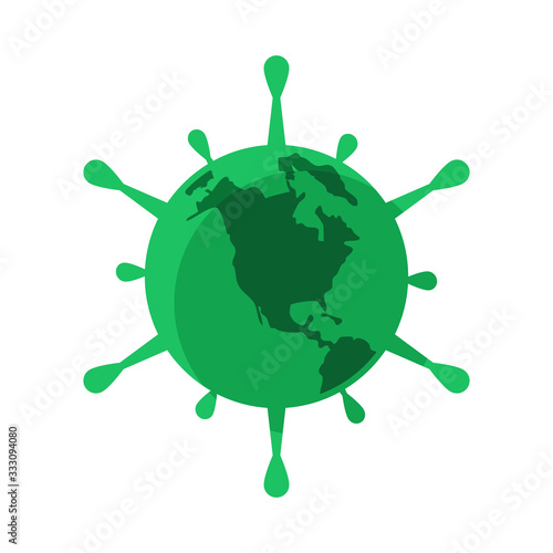 Earth with virus. World virus infection icon. Coronavirus cells on globe. Pandemic. Flat style. Isolated on white background. 