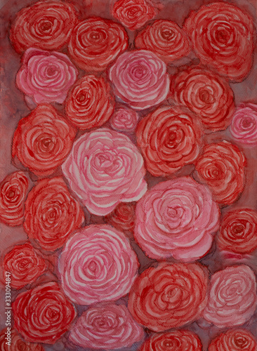 Watercolor hand painting illustration punches of red and pink petals roses on abstract background