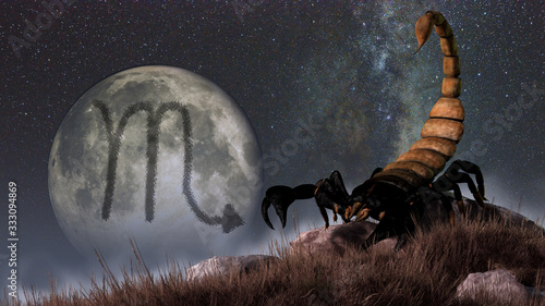 Scorpio is the sixth sign of the Zodiac. People born between October 23rd and November 22nd have this astrological sign. Its symbol is the scorpion. 3D rendering. photo