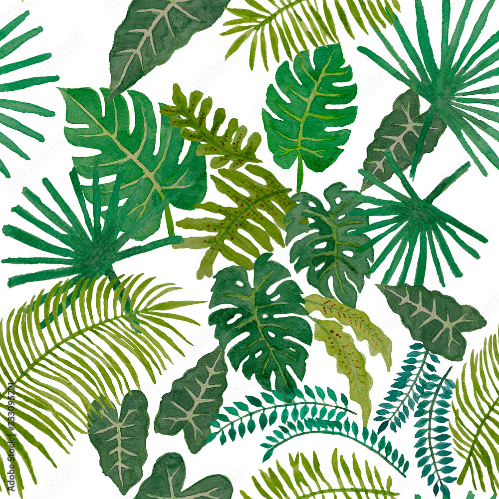 Watercolor painting illustration of tropical leaves trees, green palm and monstera leaf exotic seamless pattern on white background, isolated clipping pate, for textile fabric printed or wallpaper