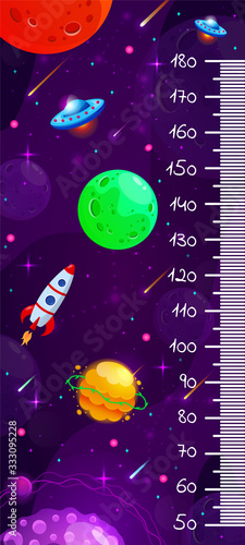 Kids space height chart, cosmic wall meter with cartoon fantasy planets and rocket. Vector template.