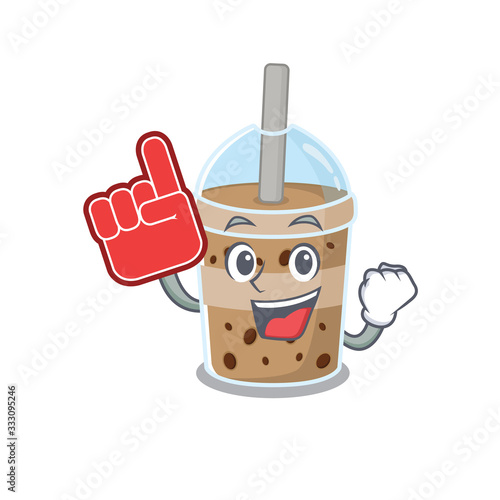 chocolate bubble tea mascot cartoon style with Foam finger