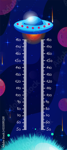 Kids space height chart, cosmic wall meter with cartoon fantasy ufo and planets. Vector template.