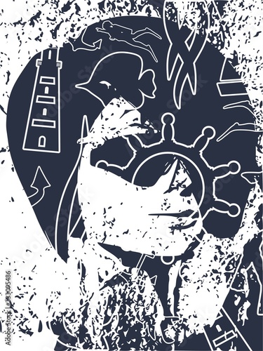 Silhouette of diver. Underwater world background. Double exposure portrait of young woman and diving icons. Marine life
