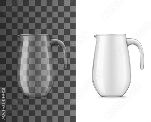 Glass pitcher or jug for cold drinks realistic 3d vector design. Water, milk or juice beverages empty jar containers with handles on white and transparent background. Kitchen utensils and glassware photo