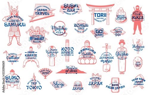 Japan travel, food, culture, sport vector icons with letterings. Sketches of Japanese sushi, fuji mountain, bonsai and fan, origami, tea ceremony and dragon, Buddha, geisha kimono, sumo and pagoda