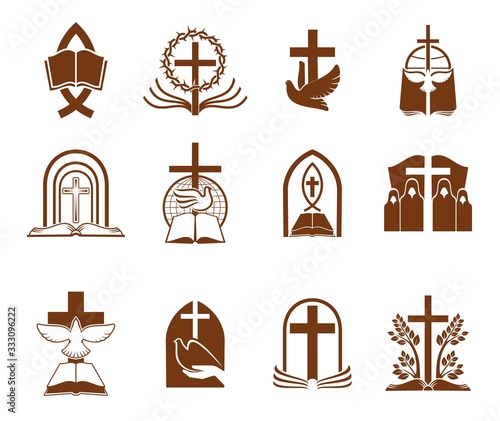 Christian religion vector icons with crosses, bibles and doves of God. Jesus Christ crucifix, prayer or priest, holy book, tree of life, thorn wreath and ichthys fish brown symbols of Christianity