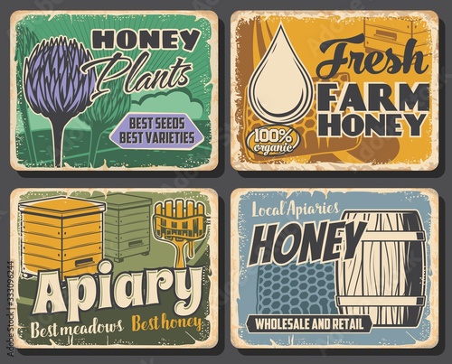 Honey of beekeeping farm, apiary honeycombs and beehives, vector food. Bee plants, clover flower nectar, wooden hives, barrel and dipper with honey drops, apiculture retro posters